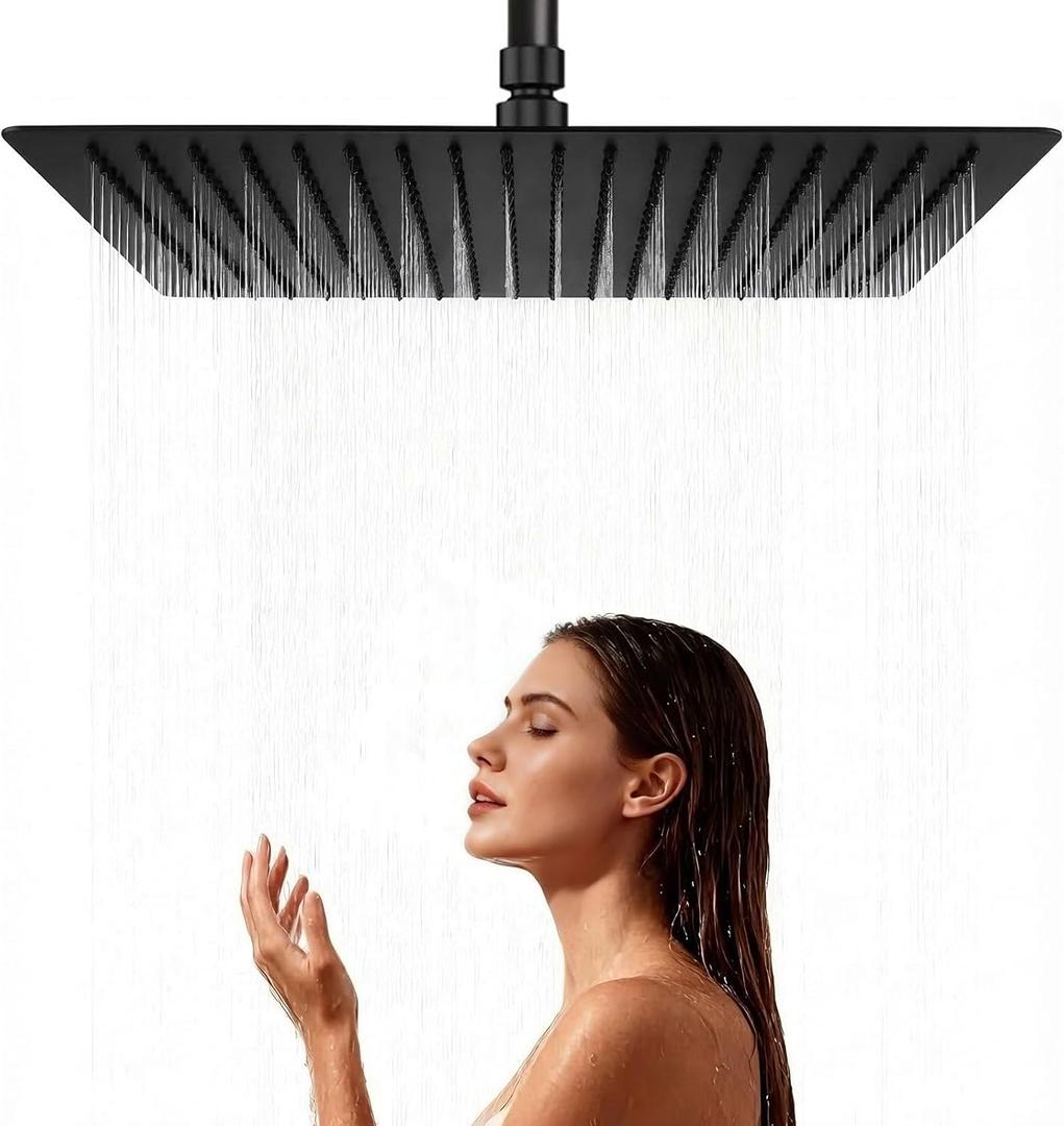 16-Inch XL Black Rain Shower Head, Wall or Ceiling Mounted 304 Stainless Steel Rainfall Showerhead, High Pressure Full Coverage with 324 Anti-Clog Nozzles