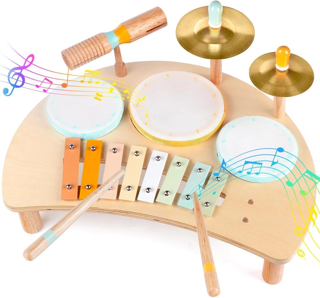 Kids Drum Set Montessori Musical Instruments for Toddlers 1-3, Wooden Baby Drum Kit with Xylophone, Preschool Music Toys for Early Learning, Educational Birthday Gift for Boys Girls (Multicolored)