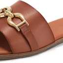 Rihero Women's Flat Sandals Summer Comfortable Square Open Toe Slip On Leather Slide Sandals (7, Cognac)