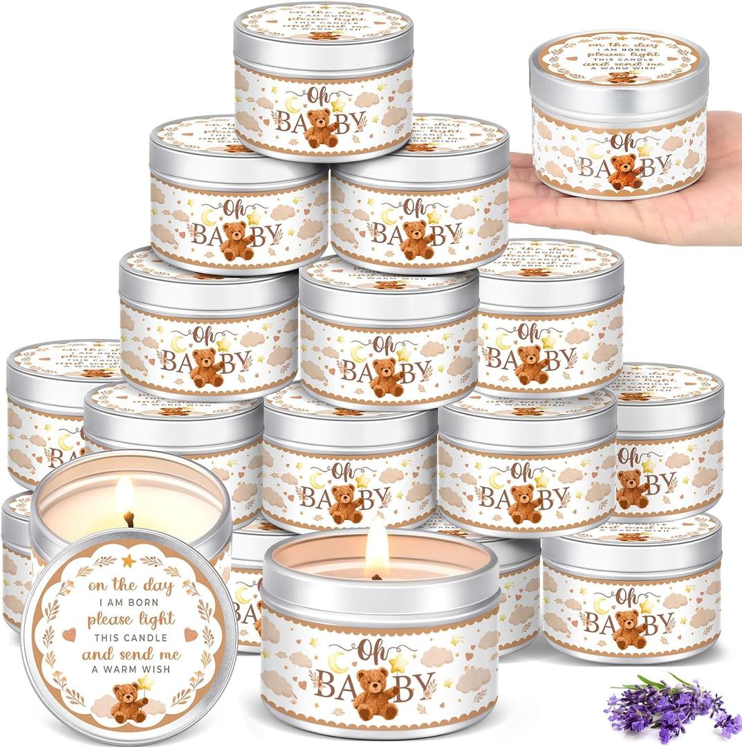 MTLEE 24 Pcs Bear Baby Shower Party Favors Candles Lavender Scented Baby Shower Favors for Guests Rustic Tealights Candles Gender Reveal Return Gifts (4 oz, Brown)