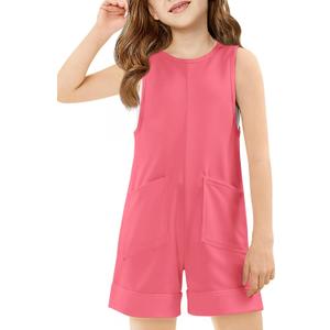Haloumoning Girls Romper Sleeveless Short Jumpsuits Kids Casual One Piece Summer Outfits with Pockets 5-14 Years
