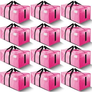 12 Pack Large Strong Moving Bags with Zippers & Carrying Handles - Water-Resistant - Heavy Duty Storage Tote for Space Saving, Fold Flat, Alternative to Moving Box (Pink)