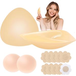 Sticky Bra Inserts - Soft Invisible Reusable Double Sided Sticky bra with Lift Support, Washable for Bikini, Strapless Dress (Beige)