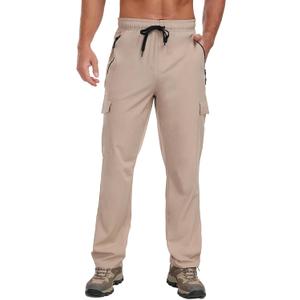 AGVNG Mens Cargo Pants with 4 Pockets Water Resistant Quick Dry Hiking Pants Elastic Waist Drawstring UPF 50+ Lightweight Work Golf Casual Travel Khaki Small