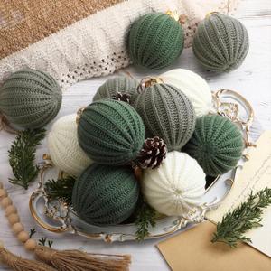 12 Pcs Sage Green Christmas Ornaments, 3.15 Inch Crochet Christmas Balls Modern Neutral Handmade Knitted Woven Cotton Baubles for Xmas Tree Rustic Farmhouse Holiday Decor (Beige, Grey, Green)