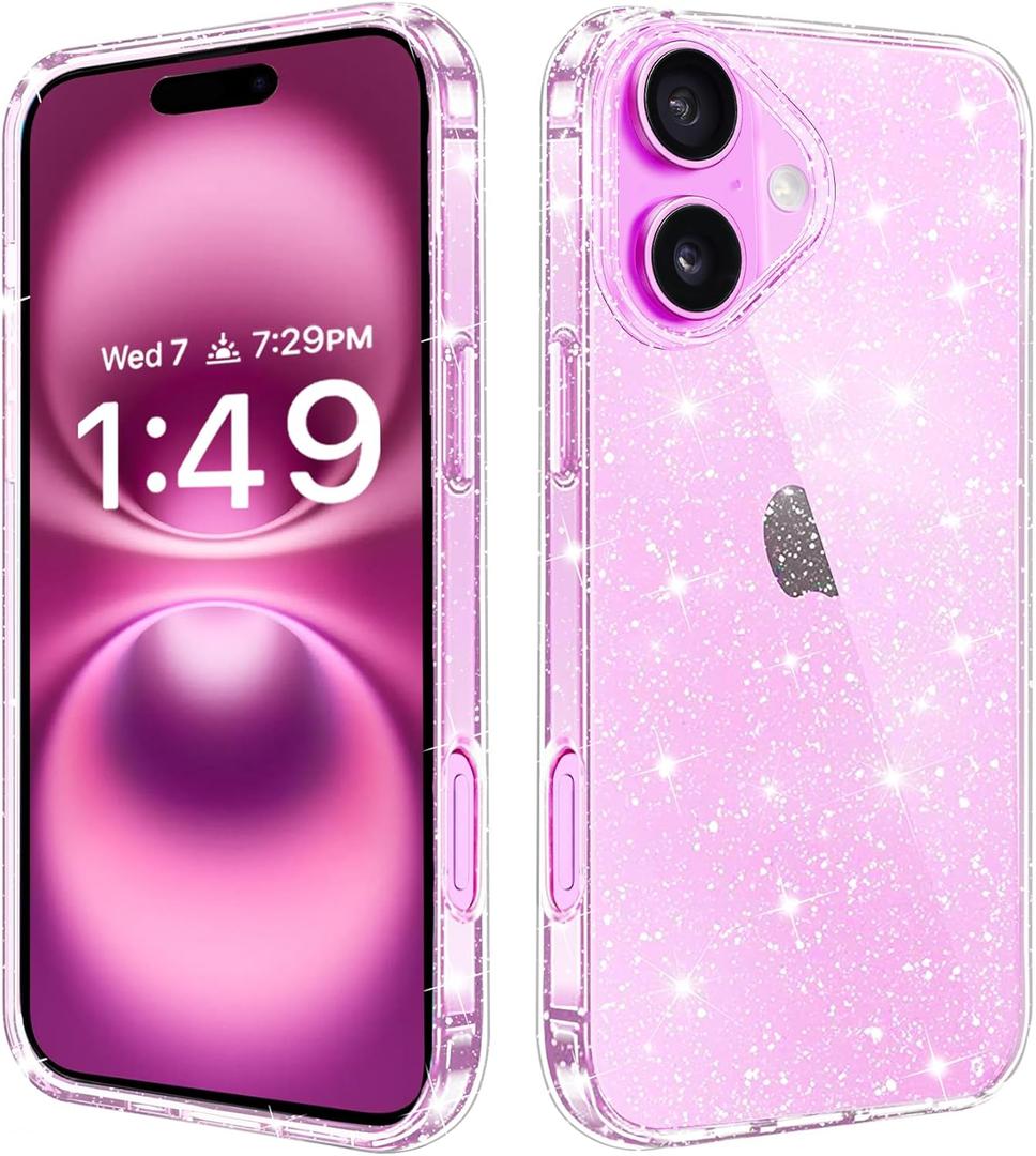 JJGoo Compatible with iPhone 16 Case Clear Glitter, Hard PC Back Shockproof Protective Bumper Cover, Sparkle Bling Sparkly Cute Slim Women Girls Phone Case