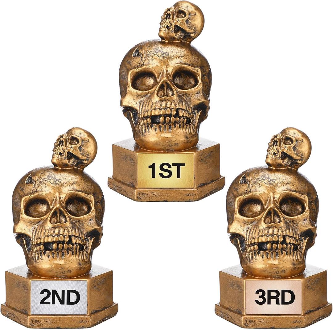 Huquary 3 Pcs Halloween Skeleton Trophies 4.53" Funny Skull Sculpture Trophy for Contest Awards Skeleton Trophy with 1st 2rd 3nd Place on Base, Tabletop Decor Halloween Prizes Party Supplies