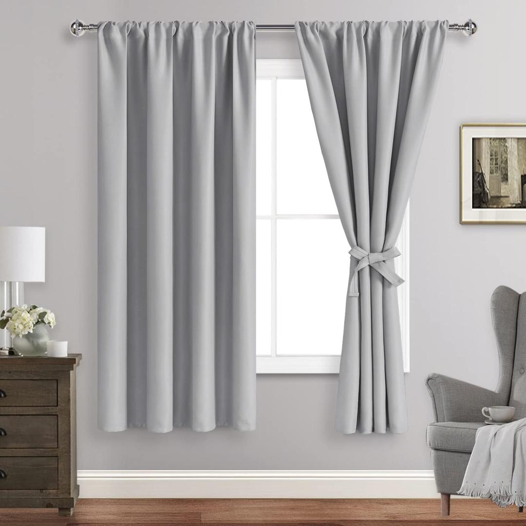 JIUZHEN Blackout Curtains for Bedroom Thermal Insulated,Noise Reducing Room Darkening Rod Pocket Curtains for Living Room, Set of 2 Panels with Tiebacks, 42 x 63 inch Long, Silver Grey