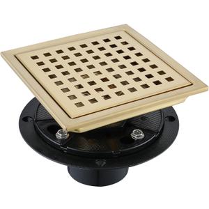 4 Inch Square Shower Floor Drain, Stainless Steel Black Shower Drain Kit with Flange, Floor Drain with Removable Grid Cover,Brushed Gold