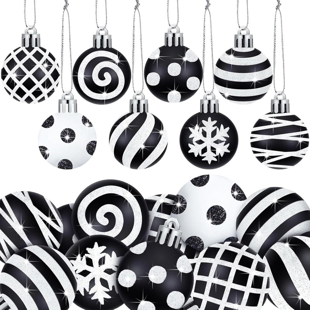 40 Pcs Christmas Black and White Balls 1.18 Inch Stripe Dot Hanging Xmas Balls Plastic Black Christmas Ornaments Glittering Christmas Ball Decorations for Home Trees Holiday Party Accessories