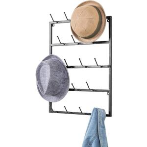 MyGift 5 Tier Modern Matte Black Metal Hat Rack for Wall, Entryway Organizer Hat, Scarves, Key Holder Hanger with 18 Hooks
