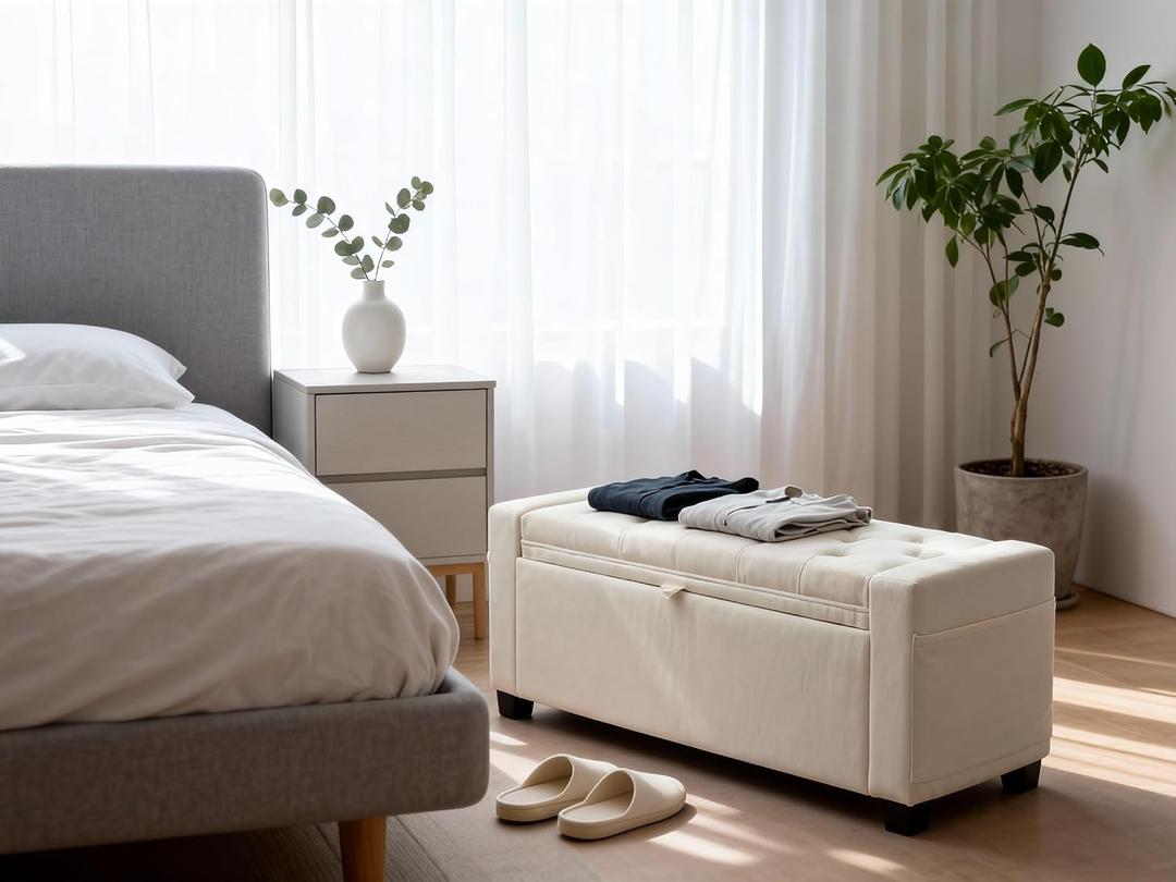 Storage Ottoman Bench for Bedroom & End of Bed Seating, Upholstered Tufted Linen Bench with Hidden Storage & Safety Hinge, 43 Inch, 350 lb Weight Capacity, Linen Beige, 43.31" W x 17.52" L x 15.35" H