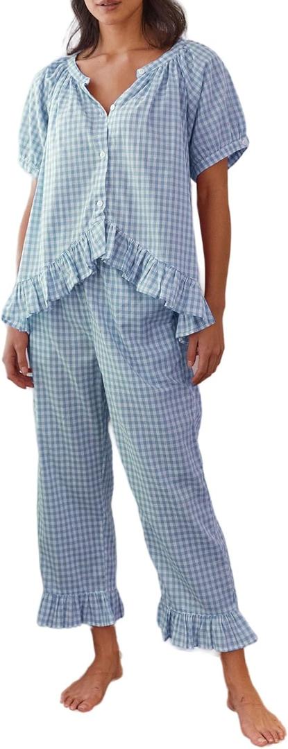 Argeousgor Women Plaid 2 Piece Pajama Set Button Down Puff Sleeve Babydoll Shirt Gingham Pants Pj Lounge Set Sleepwear (Large)