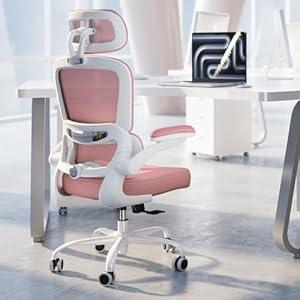 TRALT Ergonomic Office Chair - Desk Chair with Adjustable Headrest Lumbar Support Computer Chair - Mesh Comfy Chair with Flip-up Armrests - Gaming Chairs for Adults Home Office (Leather, White) (Pack of 1)
