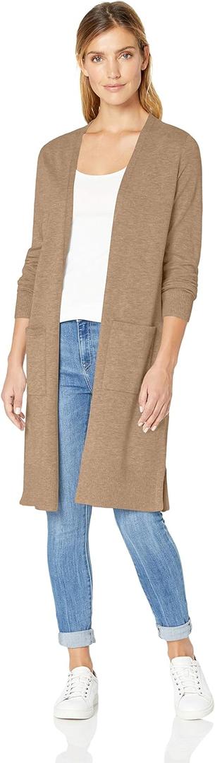 Amazon Essentials womens Lightweight Longer Length Open-Front Long-Sleeve Cardigan Sweater (Medium, Camel Heather)