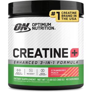Optimum Nutrition Creatine Monohydrate Plus Powder, Strawberry Peach Flavored Creatine Performance Blend, with Electrolytes for Hydration, Added Vitamins, 40 Servings, 360 Grams (Packaging May Vary) (EXP 05/04/26)