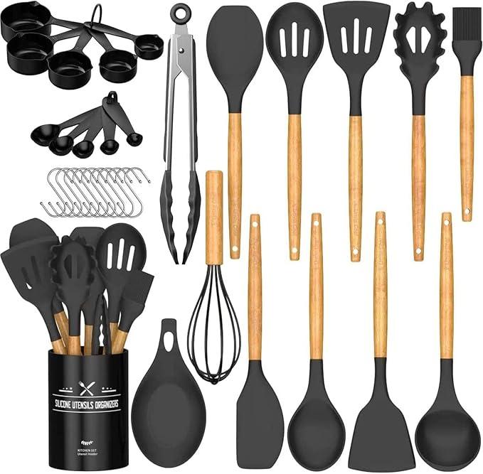 Umite Chef Kitchen Cooking Utensils Set, 33 pcs Non-Stick Silicone Cooking Kitchen Spatula Set with Holder, Wooden Handle Silicone Kitchen Gadgets Utensil Set (Black)