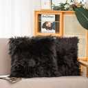 HYSEAS Set of 2 Decorative Faux Fur Throw Pillow Covers, Black Fluffy Soft Fuzzy Square Cushion Cover Pillow Case for Sofa, Couch, Chair, Bed, Cafe, 20 x 20 Inches