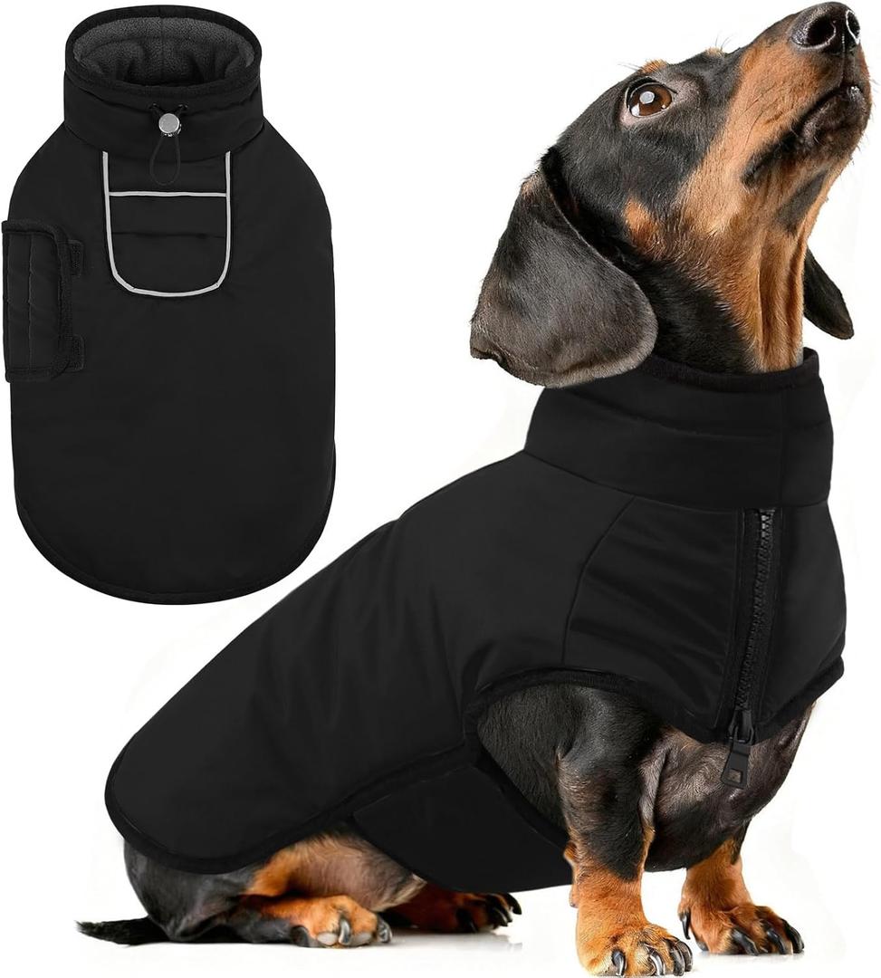 AOFITEE Small Dog Winter Coat, Waterproof Puffer Jacket With Harness Hole & Fleece Collar, Reflective Warm Snowsuit for Chihuahua, Yorkshire, Dachshund, Black S