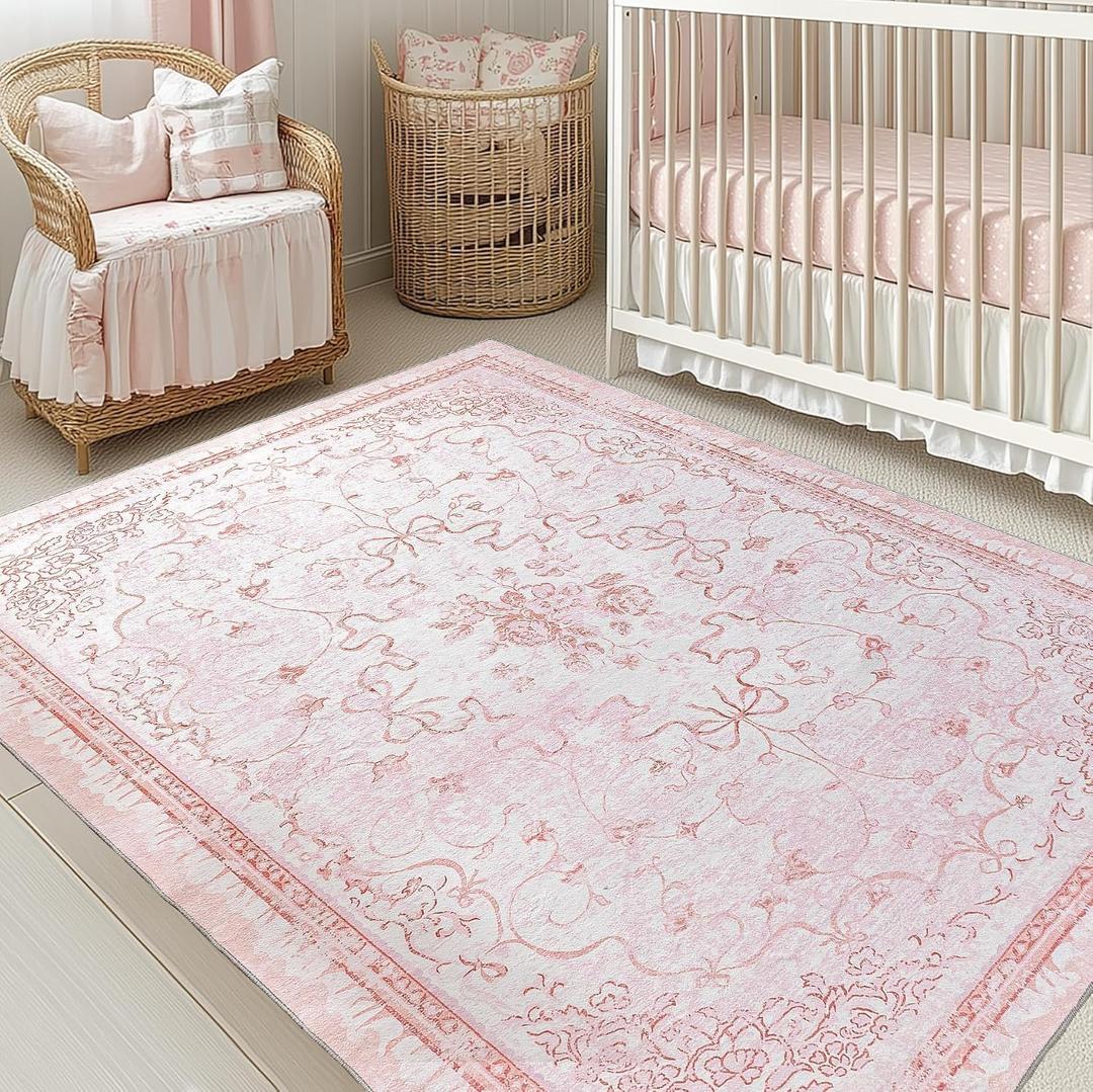 Pink Area Rugs for Bedroom Nursey 6x9 - Teen Girls Coquette Cute Room Decor Aesthetic Washable Vintage Cottage Core Floral Bow Dorm Rug for College Playroom Pink Area Rugs for Bedroom Nursey 6x9 - Teen Girls Coquette Cute Room Decor Aesthetic Washable Vintage Cottage Core Floral Bow Dorm Rug for College Playroom