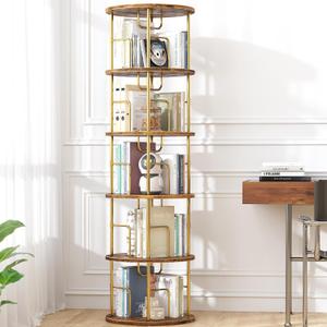 5Tier Rotating Bookshelf, 360 Display Stackable Spinning Bookshelf Tower,Round Space Saving Tall Floor Standing Swivel Bookcase Corner Storage Organizer for Bedroom/Living Room/OfficeGold