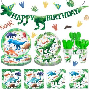 169 Pcs Watercolor Dinosaur Party Supplies Dinosaur Theme Birthday Party Decoration Includes Banner Plates Cups Napkins Knives Forks Spoons Tableware for Boys Birthday, Serves 24 Guests