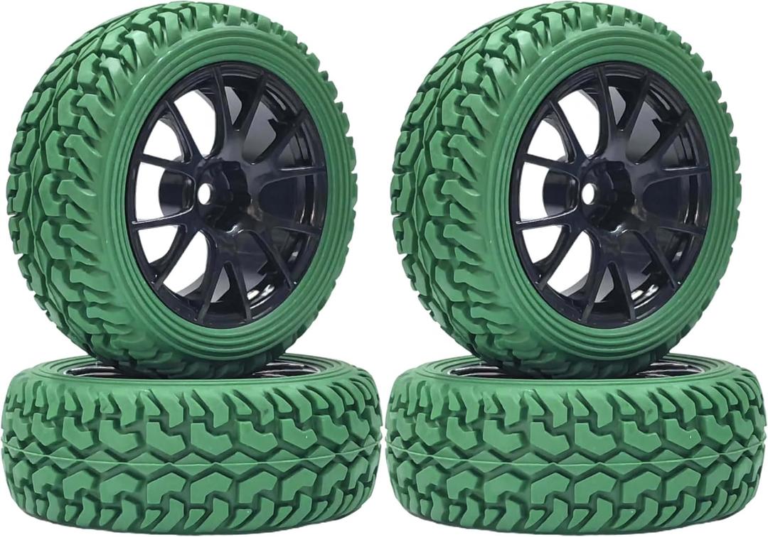1:10 Rally Car Rubber Tires Tyre and Wheel Rim Set for 1/10 Scale HSP 94123 HPI Kyosho Tamiya RC On Road Car(Green)