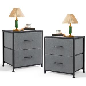 Nightstand Set of 2, Small 2 Drawer Dresser End Table Bedside Furniture, Wooden Top Fabric Bins for Bedroom, Closet, Entryway, Dorm, 11.8" D x 18" W x 20", Gray