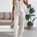 Women's 2 Piece Outfits Linen Vest Waistcoat Dressy Casual Sets Wide Leg Pants Suits, XS