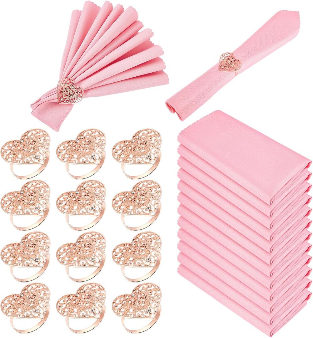 Peryiter 24 Pcs Valentines Day Heart Napkin Rings with Pink Cloth Napkins Rose Gold Holders for Valentines Dinner Table Decorations Birthday Holiday Wedding Anniversary Party Table Decoration
