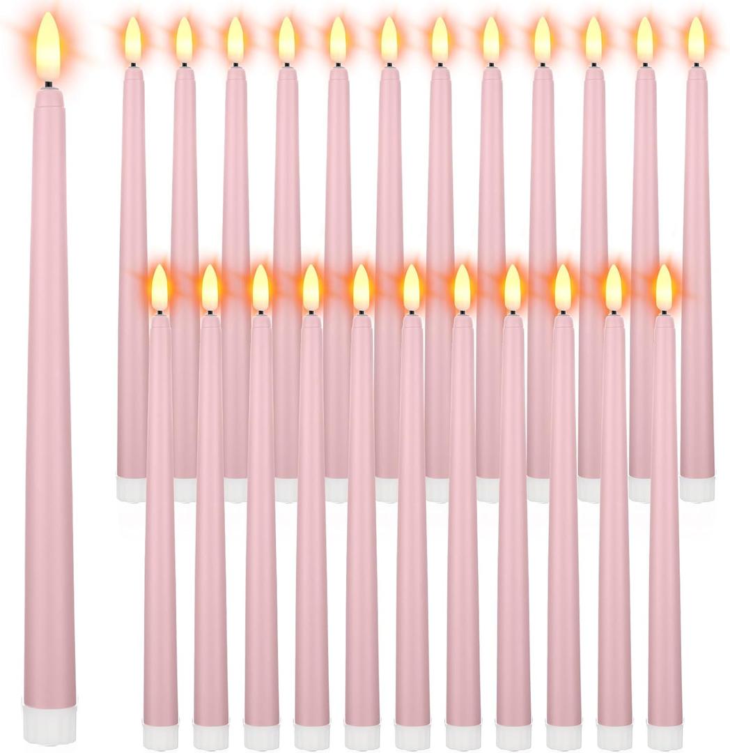 Macarrie 24 Packs Flameless Taper Candles Battery Operated Fake 11 Inch Long Candlelight LED Flameless Candlesticks Flickering Tapered for Spring Summer Wedding(Pink)