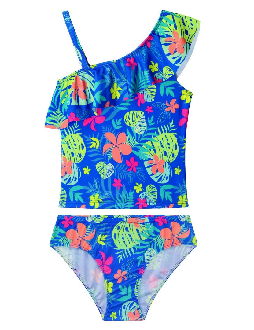 WhizBuzz Girls Bathing Suits Size 7-8 Years Old Purplish Blue Summer Beach Swimsuits One Shoulder Ruffle Swimwear