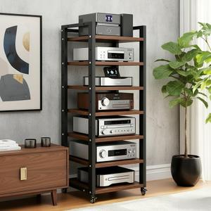 7 Tier AV Media Stand, 55in Audio Rack Tower Stereo Component Cabinet, Home CD Record Player Receiver Audio Equipment Rack with Adjustable Wood Shelves, Load 400lbs (Walnut Brown)