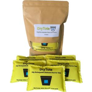 DryTote Rechargeable Desiccant Pack (Pack of 5), Ultimate Moisture Absorption, Color Change Indicator, Safe Storage Protection, Large Capacity 200 Gallons, 100g, Yellow