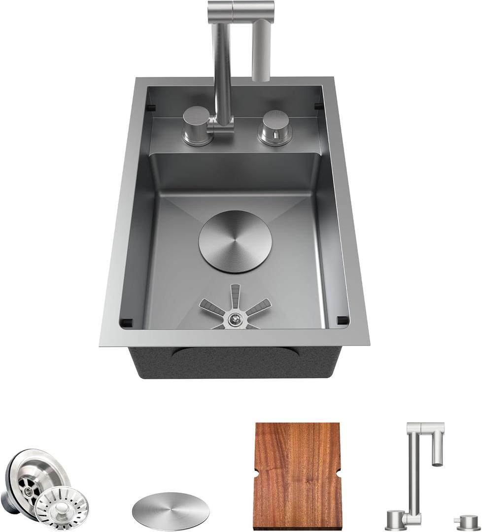 TORVA RV Sink, 12 x 17 Inch Undermount Bar Sink Premium Stainless Steel RV Kitchen Sink Cup Rinser - 7 Inch Deep Basin Single Bowl Sink, Grey (Gray)