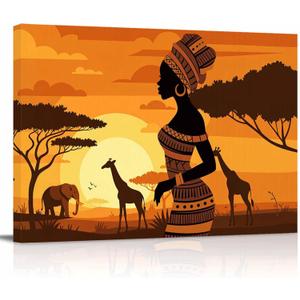 African Women Canvas Print Wall Art - Africa Ethnic Elephant Giraffe Animals Sunset - Wall Decor Modern Artwork Paintings Pictures for Living Room Stretched and Framed Ready to Hang - 24" x 36"