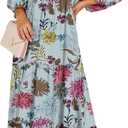 ANRABESS Womens Boho Maxi Dresses 2025 Summer V Neck Puff Sleeve Floral Flowy Swing Fall Casual Long Dress (Medium)
