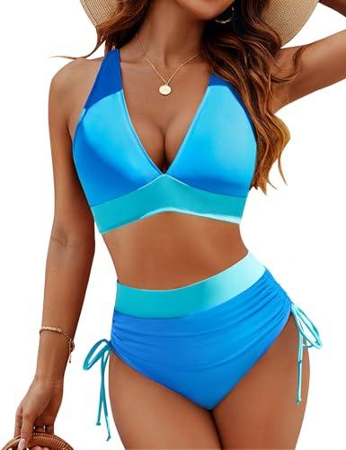 Blooming Jelly Women High Waisted Bikini Sets Tummy Control Swimsuits Color Block Two Piece Drawstring Bathing Suit (L, Blue)