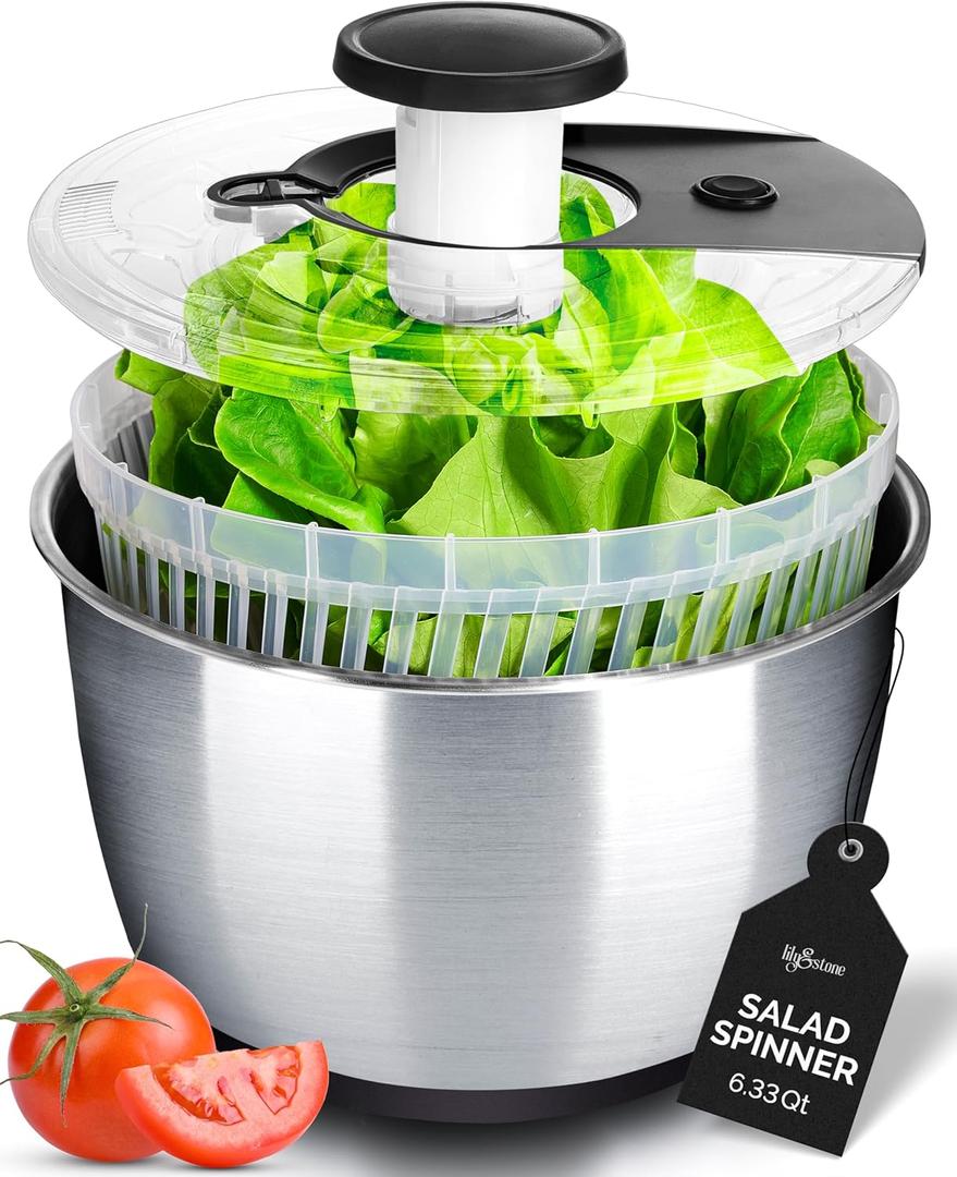 Stainless Steel Pump Salad Spinner Large - Easy Compact Kitchen Tool - Stainless Steel Bowl, Drain & Colander - Lettuce Spinner, Vegetable Dryer, Fruit Washer, Pasta & Fries Produce Strainer - 6.33 Qt (Black)