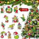 Christmas Tree Decorations Grinchs for Kids Gift - 24 Sets Christmas Wooden Hanging Ornaments with Bells & Bows for Indoor Home Party Decor