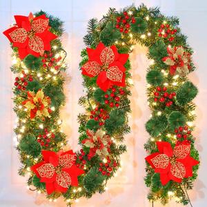 Christmas Garland,Christmas Garland with Lights,Xmas Decor,9 ft Rattan Artificial Flower Vine Plants Xmas Decorations for Indoor Outdoor Home Mantel Fireplace Stairs (Red)