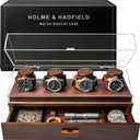 Holme & Hadfield Premium 4-Slot Wooden Watch Display Case  Handcrafted Mens Watch Box with Accessory Drawer, Hinged Cover, Leather Lining  Birthday Gift for Collectors  Luxury Built to Last