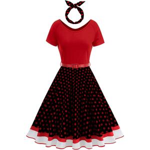 Women's 1950s Retro Vintage Cocktail Party Swing Dresses Polka Dot Audrey Skirt with Belt and Headband Halloween Costume (Black, M)