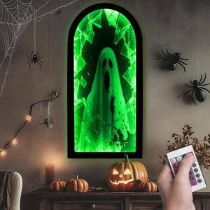 Halloween Decorations Indoor, RGB Color Changing Ghost Hologram Mirror, 2025 Halloween Decor with Remote Control 16 Colors & 4 Modes, Scary LED Mirror for Wall, Fireplace, Mantel, Bedroom Indoor Decor