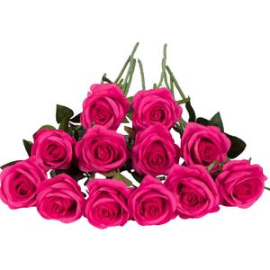 Laelfe 12 PCS Artificial Flowers Hot Pink Roses Silk Flowers Fake Long Stem Artificial Fuchsia Roses for Home Wedding Bathroom Kitchen Decorations (Hot Pink)