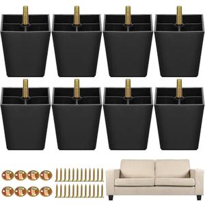 TURSTIN 8 Pack 3 Inch Furniture Legs Plastic Sofa Couch Legs Square Tapered Feet Sofa Legs with M8 T-Nuts Screws for Legs Sofas Chairs Cabinets Dressers Beds, Black