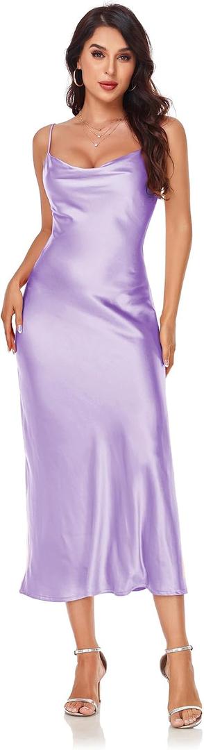 Women's Spaghetti Strap Midi Satin Silk Dresses Slip Cowl Neck Party Cocktail Evening Sexy Dress (Purple, S)
