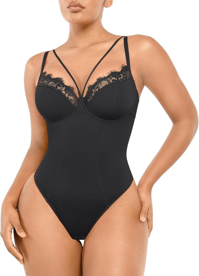 SHAPELLX Women's Shapewear Bodysuit Tummy Control Body Shaper Lace Sculpting Snatched Waist Body Suit V Neck Thong Bodysuit, XX-Large, Black