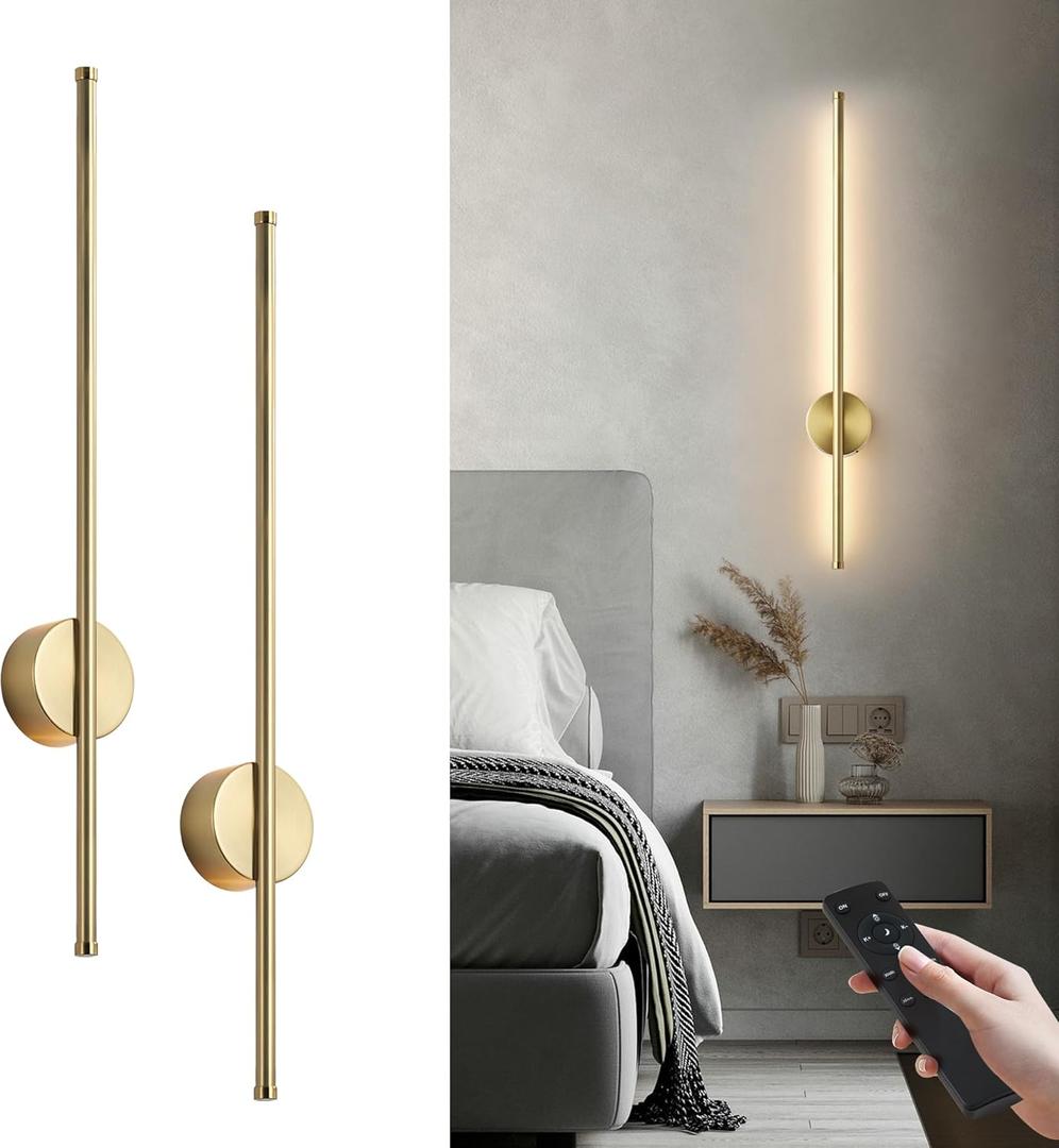 Battery Operated Modern Wall Sconces, Dimmable Wireless Wall Light Set of Two with Remote Control, 3 Color Temperatures, Rechargeable LED Wall Sconce for Bedroom, Living Room, Hallway, 27.6 Inch Brass