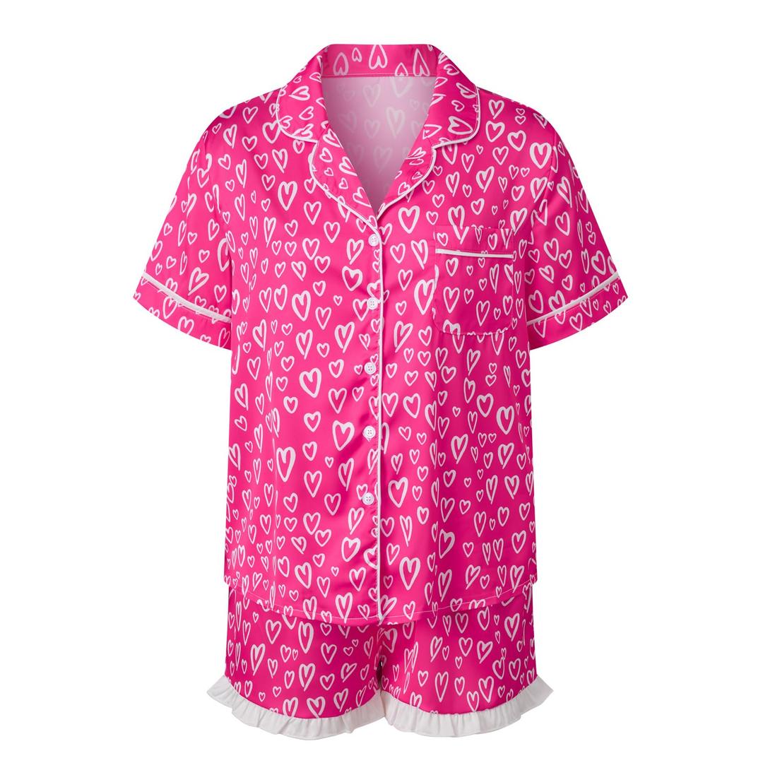 GUEMONG Women 2 Pieces Floral Bow Valentine's Day Pajama Sets Button-Down Short Sleeve Ruffle Cute Sleepwear (US, Alpha, XX-Large, Regular, Regular, Red-3) (XXL)